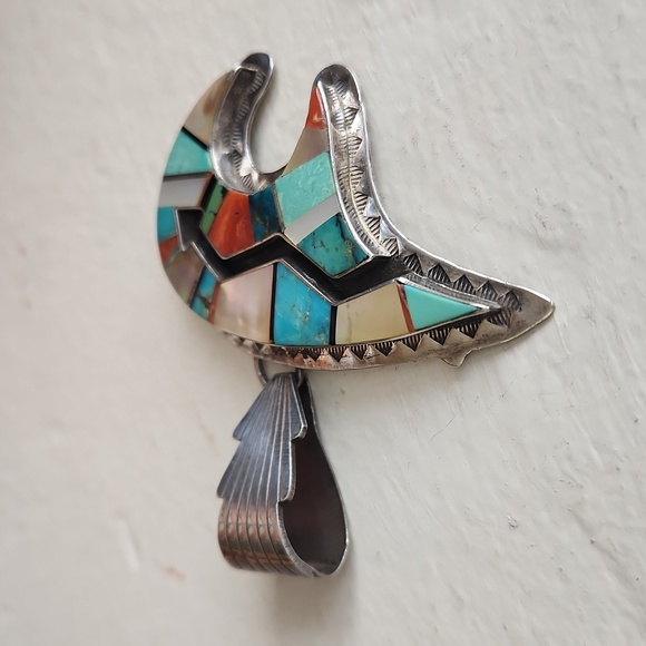 Vintage Native American Navajo Vintage Inlaid Bear Pendant by Danny Clark 💙🐻 - Picture 5 of 13